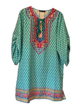 Urban Coco Women's Sz. XL Boho Teal Multicolor Dress Tunic Coverup Ruched Sleeve